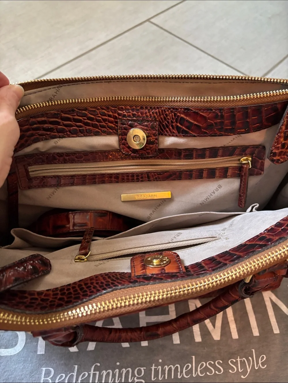 Brahmin Burnt Brown Croc-Embossed Leather Satchel